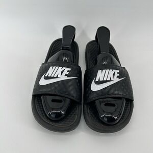 Nike Womens Benassi JDI Slides Size 10 Black White Logo Comfort Sandals Casual